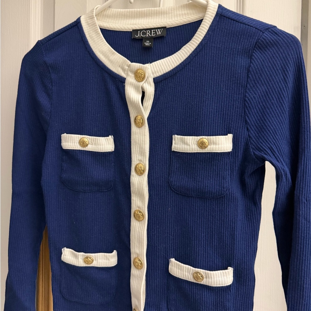 J. Crew Navy Blue Ribbed Cardigan with White Trim and Gold Buttons /!!-